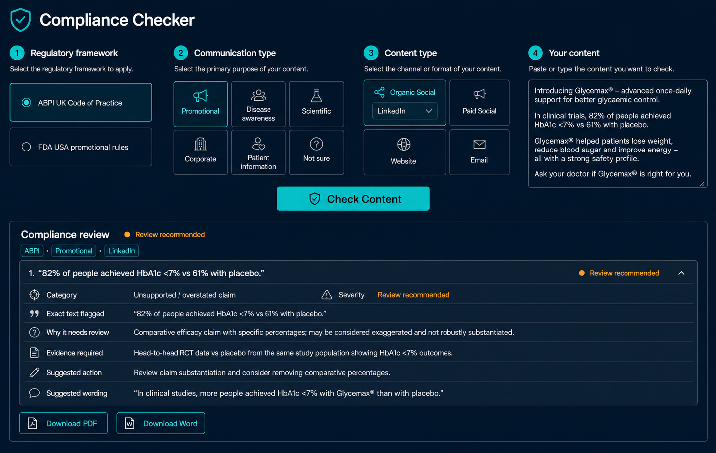RegScribe Compliance Checker showing an ABPI review of LinkedIn promotional copy with flagged claims, severity levels and suggested wording